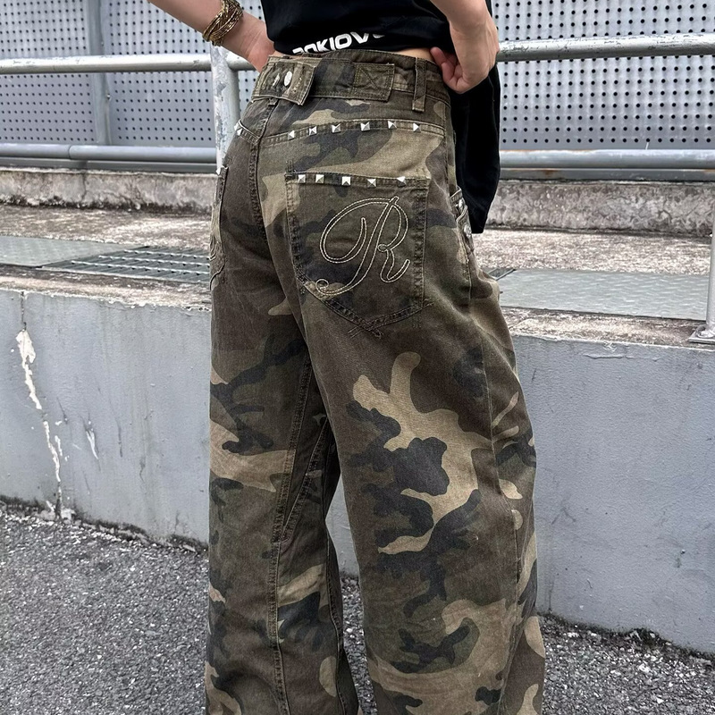 Cross-border American retro camouflage work pants and jeans for men and women, trendy brand loose straight casual wide-leg long pants Cross-border American retro camouflage work pants and jeans for men and women, trendy brand loose straight casual wide-leg long pants