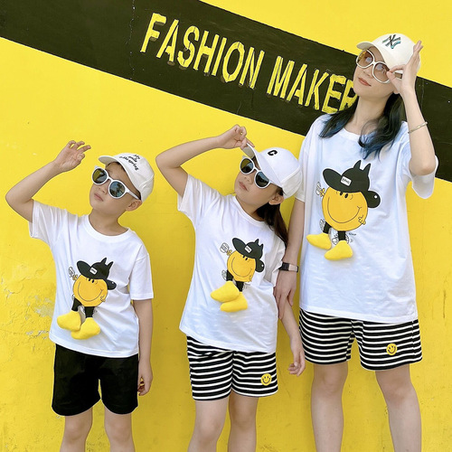 Summer 2024 Parent-Child Set Fashion Cartoon Print Short-Sleeve T-shirts for Kids and Toddlers Climbing Suit Onesie for Summer