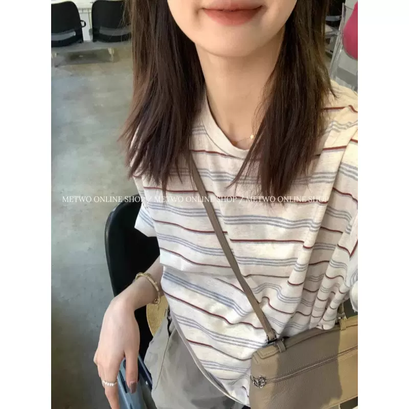 日系复古条纹短袖t恤女2025新款宽松正肩半袖体恤圆领显瘦上衣夏