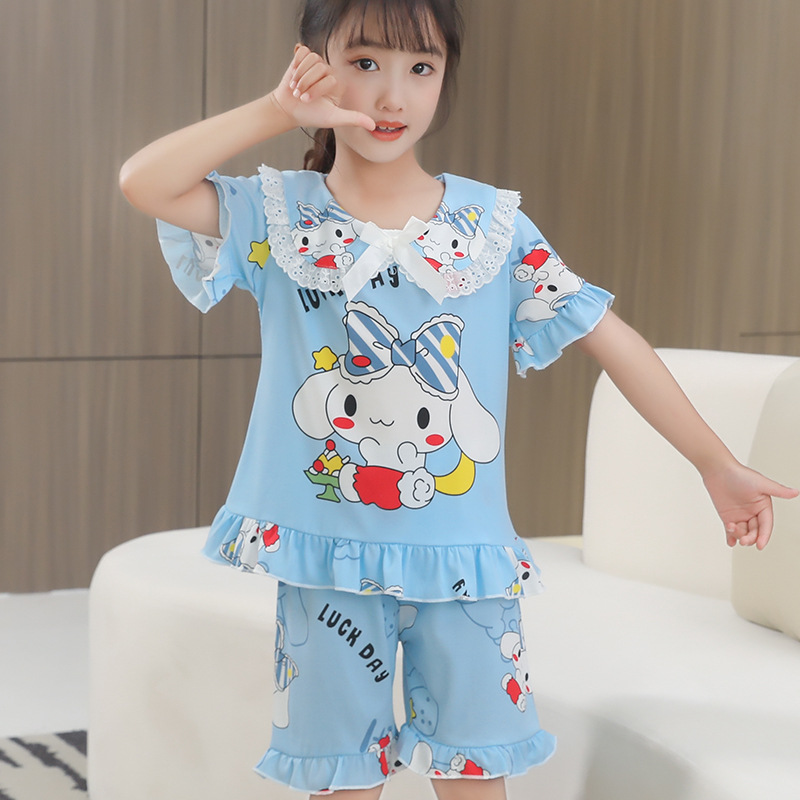 Pijamas de niñas de manga corta de verano delgado jade Gui perro caricatura princesa encantadora viento encaje delgado dulce conjunto de hogar