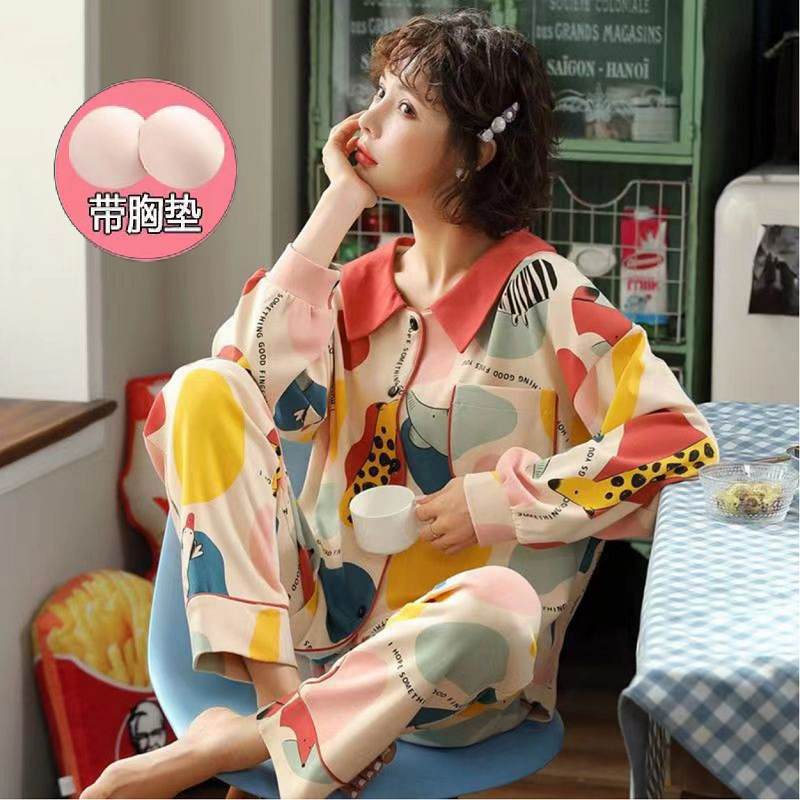 Pantalones de manga larga con almohadilla en el pecho anti-golpe de alta gama usable otoño 100% algodón Pijamas Mujer primavera y otoño homewear