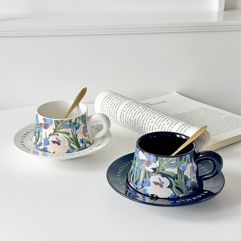 Afternoon Tea Hand-Painted Ceramic Coffee Cup Set with Iris Flower Latte Cup, Vintage Gift, High Aesthetic Coffee Cup Afternoon Tea Hand-Painted Ceramic Coffee Cup Set with Iris Flower Latte Cup, Vintage Gift, High Aesthetic Coffee Cup