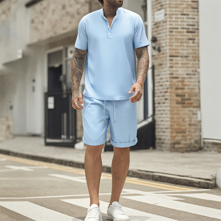 Men's Henley T-shirt And Shorts Set Casual Summer Solid Colour_voghion.com