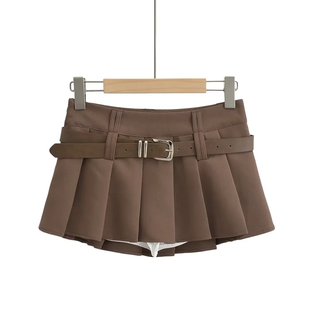 Ropa de mujer Falda plisada estilo universitario con cinturón para mujer Verano 2023 Nueva falda con diseño antiexposición Falda corta de cintura baja para chica sexy_voghion.com