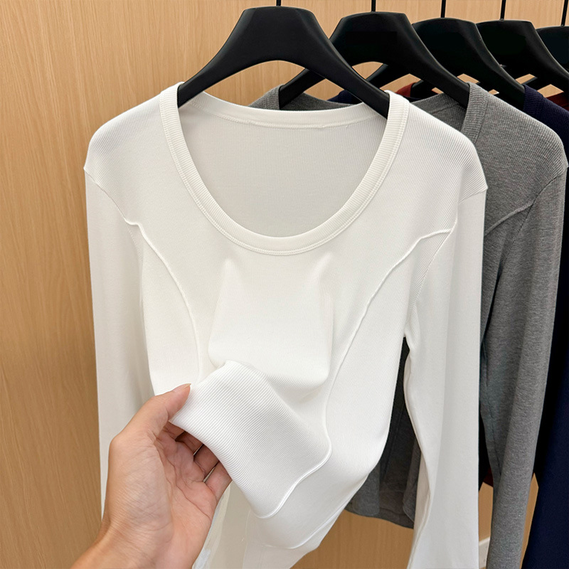 Camiseta simple de manga larga de hombro recto para mujer, primavera de 2025, nueva camiseta delgada de cuello redondo para mujer, top de cintura de espina de pescado image 3
