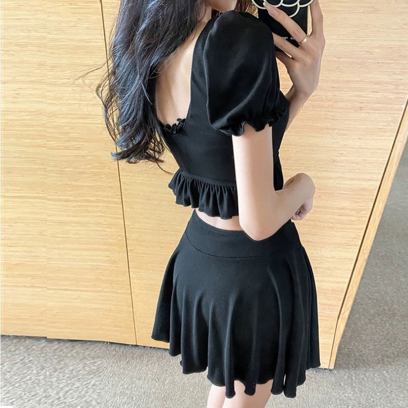 Trajes de baño de mujer de explosión de dos piezas de estilo de falda conservadora delgada Insen sistema de pecho pequeño para reunir trajes de baño de vacaciones de estudiantes