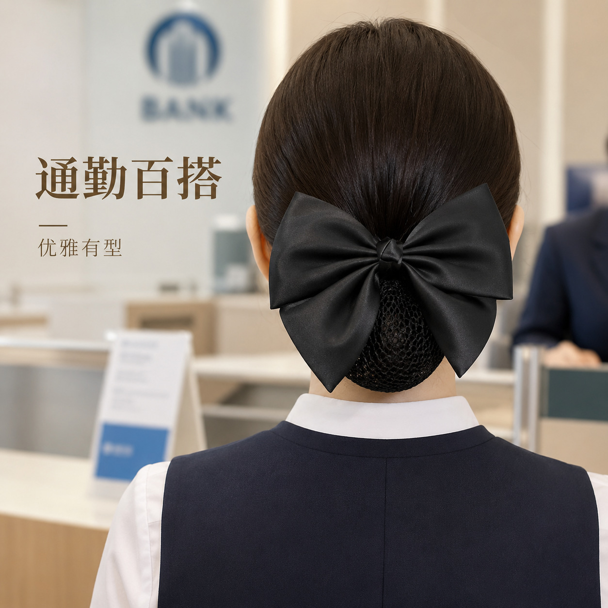 Professional bow hairnet, black mesh cap, suitable for nurses, flight attendants, bank employees, and hotel staff; used for creating updos, hair accessories, and headwear