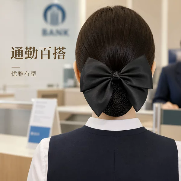 Professional bow hairnet, black mesh cap, suitable for nurses, flight attendants, bank employees, and hotel staff; used for creating updos, hair accessories, and headwear