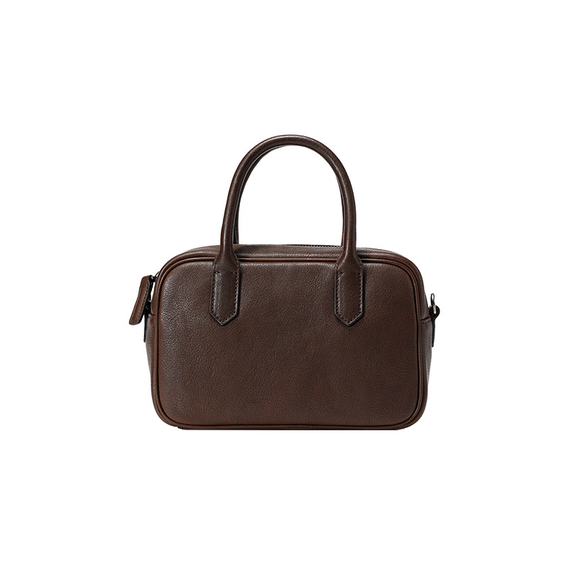 Retro Niche Wide Bowling Bag For Women, Vegetable-Tanned Leather Commuter Shoulder Crossbody Bag, Versatile Minimalist Small Square Handbag - Thumbnail 5