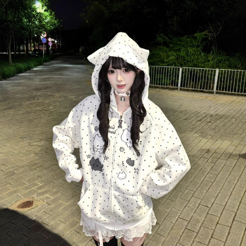 Soft Girl Cat Ears Fleece-Lined Thickeneded Cute Cat Print Hooded Cardigan Sweatshirt Jacket Women's Autumn and Winter Polka Dot Top