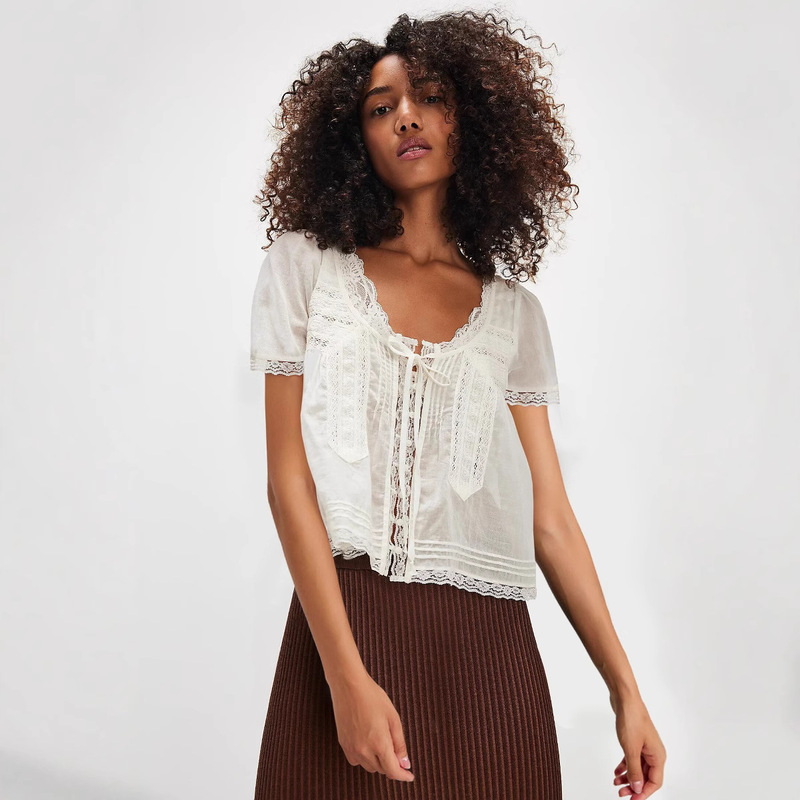 Europe and the United States cross-border three-dimensional sense of hollowed-out high-density organic cotton lace-up French lace-up light shirt