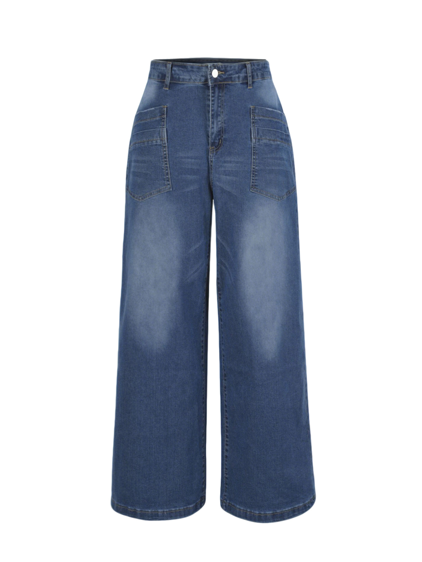 Women's Clothing Mid-Rise Wide Leg Jeans Retro Washed Cuffs Frayed Hem Slanted Pockets Cropped Length Denim_ecoleips.com