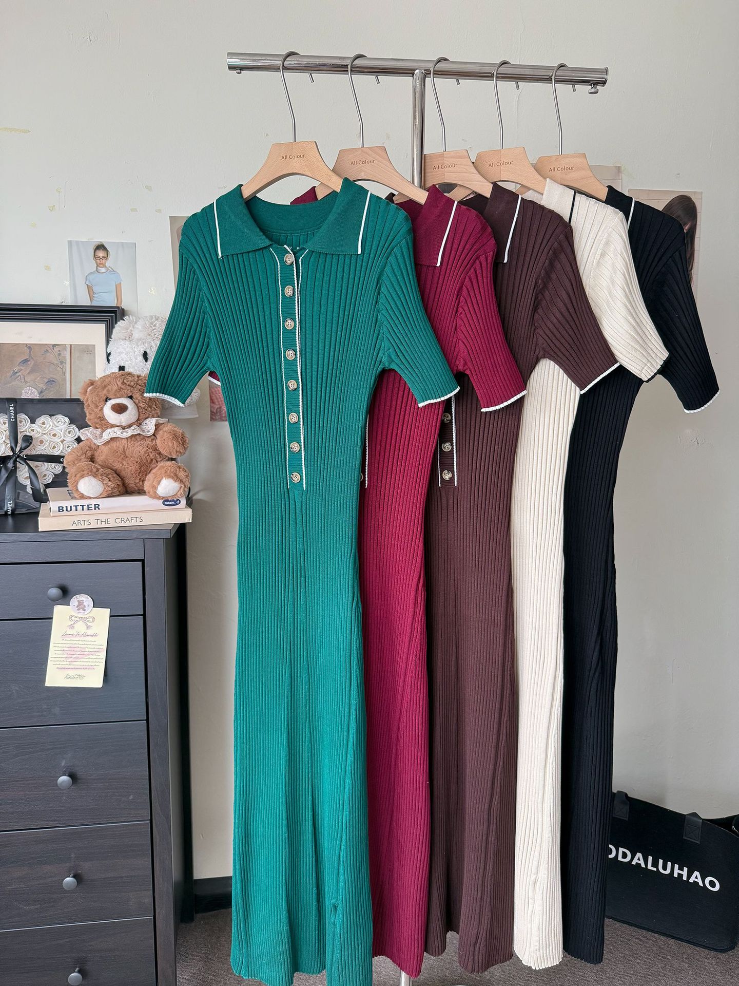 Women's Short-Sleeve Turn-Down Collar Knit Dress, Cross-Border 2025 Spring/Summer New European And American Style Ribbed_ecoleips.com