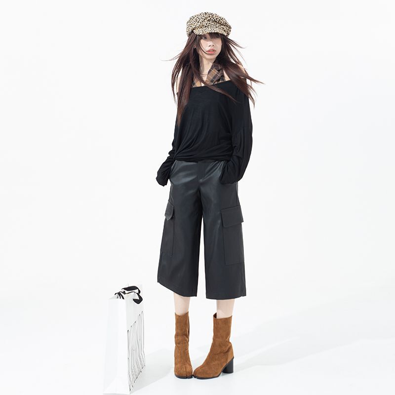 Black Straight Leg Leather Pants Women's 2025 New Cool Style Cropped Casual PU Leather Pants Loose British Lazy Style Black Straight Leg Leather Pants Women's 2025 New Cool Style Cropped Casual PU Leather Pants Loose British Lazy Style