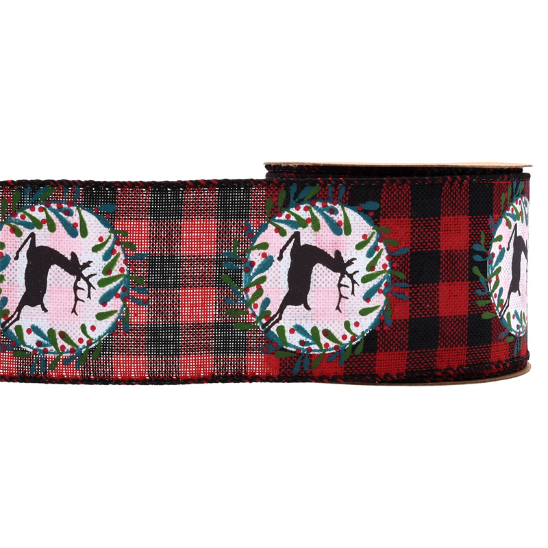 63mm Amazon transfronterizo nueva cinta de lino de Navidad impresa guirlanda de alce decoración imitación de tela de lino stock