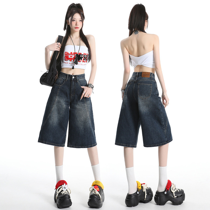 1212 # Dark Blue High-Waisted Slimming Cropped Jeans for Women, New Summer Style, Loose Wide-Leg Straight Mid-Length Pants