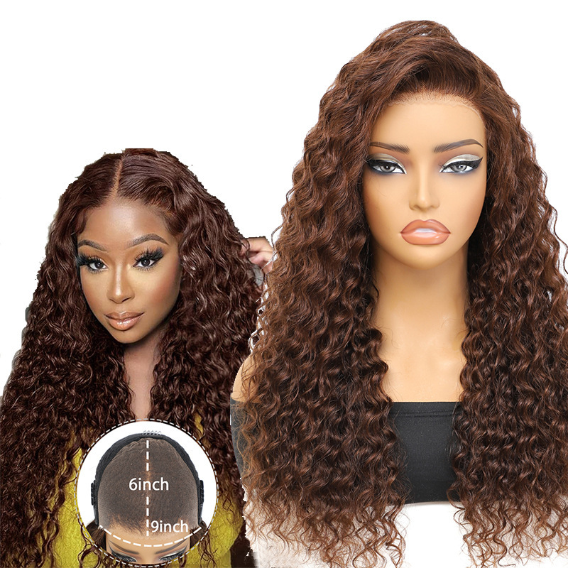 Cross-Border 9*6 European and American Front Lace Human Hair Wig Headgear Brown Deep Wig Female Long Curly Hair Human Cross-Border 9*6 European and American Front Lace Human Hair Wig Headgear Brown Deep Wig Female Long Curly Hair Human