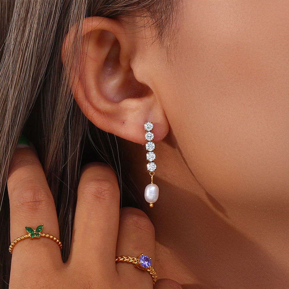 304 Stainless Steel Material 1 Pair Luxurious Geometric Inlay Stainless Steel Pearl Zircon Drop Earrings