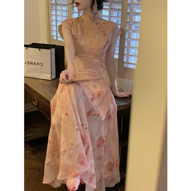 2025 Elegant French New Chinoiserie Improved Cheongsam Dress Women's Spring New Short-Sleeved Long Skirt Fashion