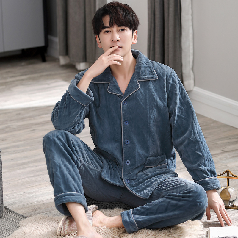 Pijamas de hombre para hombre Otoño e Invierno coral fleece cardigan cálido invierno forrado de lana engrosada franela traje de hombre