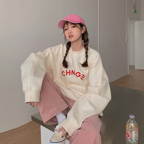 Letter print padded sweatshirt women large size Korean style Japanese new autumn winter student crew neck long sleeve top