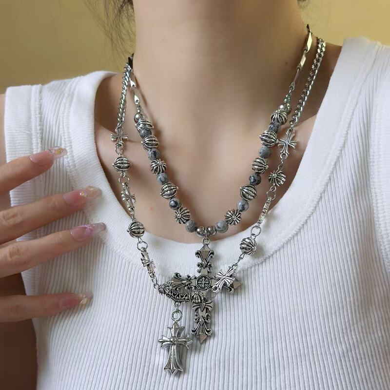 Hot Girl Crowe Antique Silver Cross Necklace Female Japanese and Korean Niche Hip Hop Girly Style Clavicle Chain Necklace Chain Woolen Chain