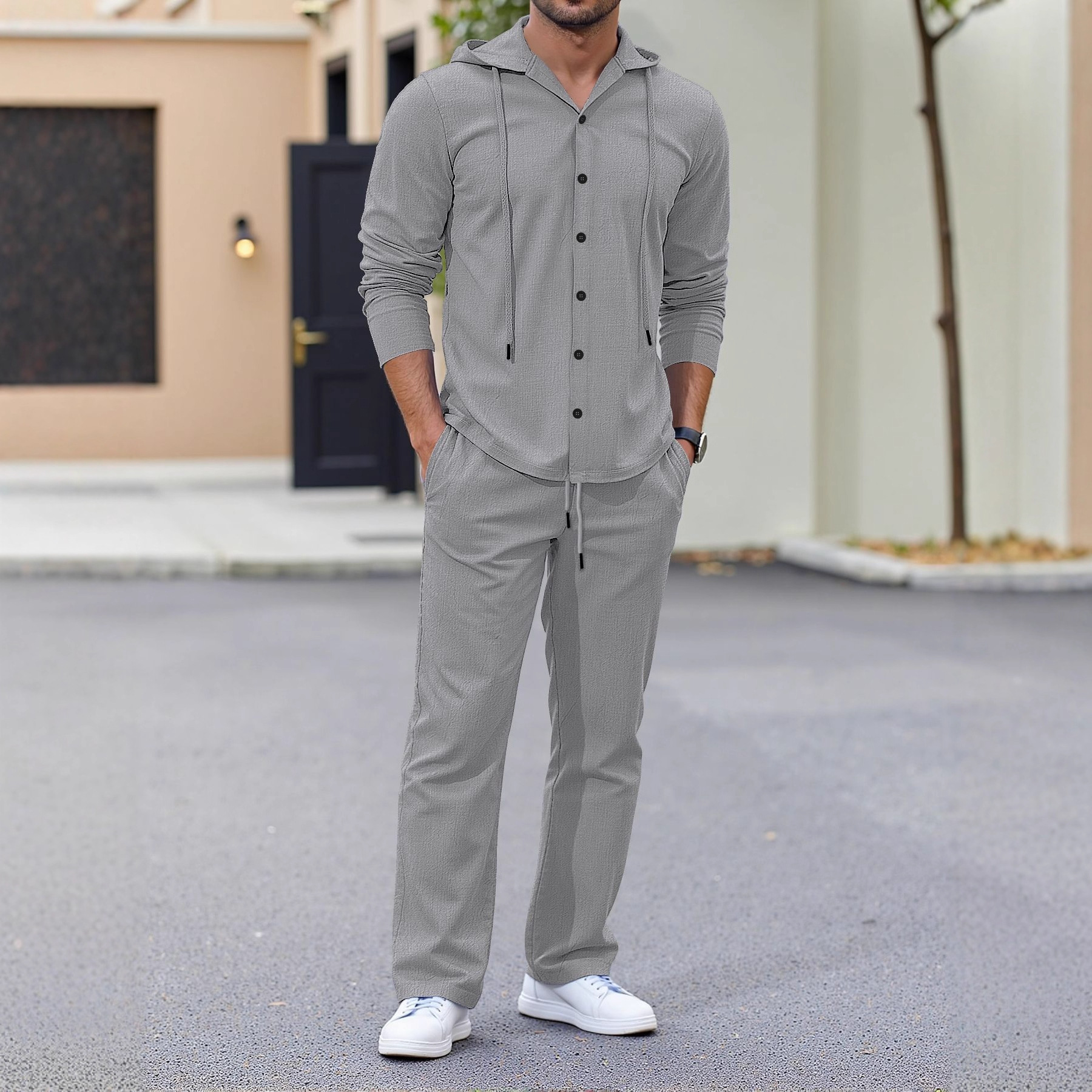 Men's Linen Hooded Shirt & Pants Set - Relaxed Fit Casual Outfit For Spring & Autumn (Beige/Gray, S-XXL) | Breathable Natural Fiber Lounge Wear_voghion.com