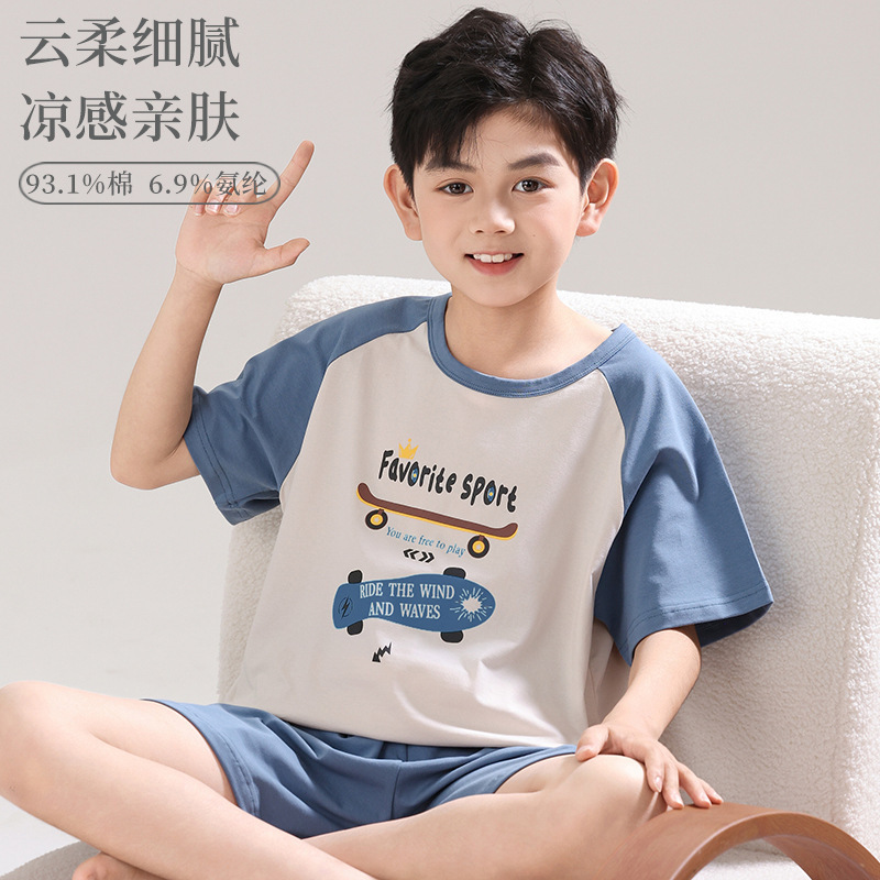 2026 New Children's Pajamas for Boys, Lycra Cotton Loungewear, Boys' Air Conditioning Clothing, Medium and Large Children's Set, Thin Summer Style