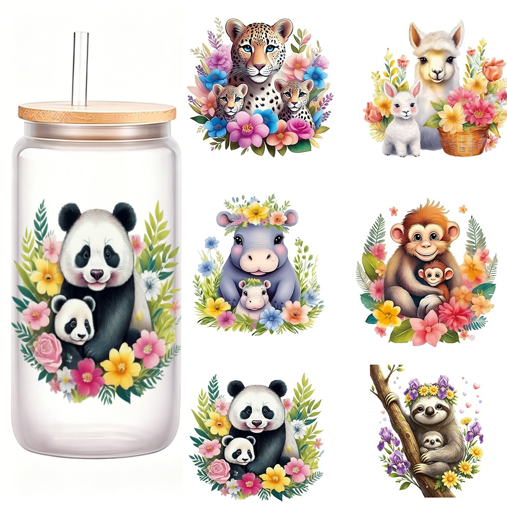 Cross-Border Cute Cartoon Uv Transfer Stickers with Peel-Off Design Featuring Cats, Puppies, Rabbits, and Pandas for Kindergarten Decoration