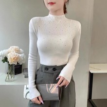 秋冬新款半高領洋氣燙鑽針織打底衫女氣質顯瘦套頭毛衣內搭女裝潮