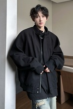 美式灰色立领毛呢外套男款秋冬痞帅呢子大衣短款韩系廓形西装夹克