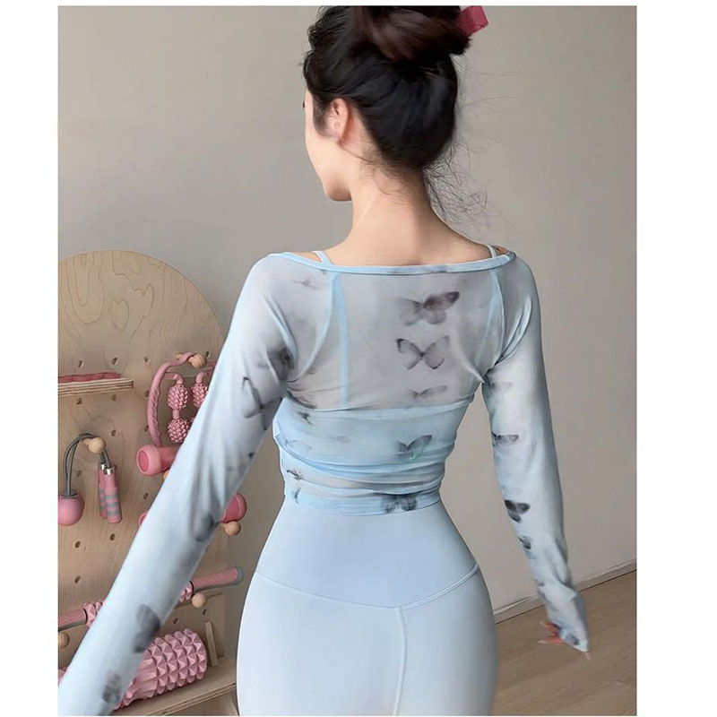 Fake Two-Piece Sports T-Shirt Long-Sleeved Yoga Wear with Chest Pad Mesh Quick-Drying Top Slimming Look Fitness Wear