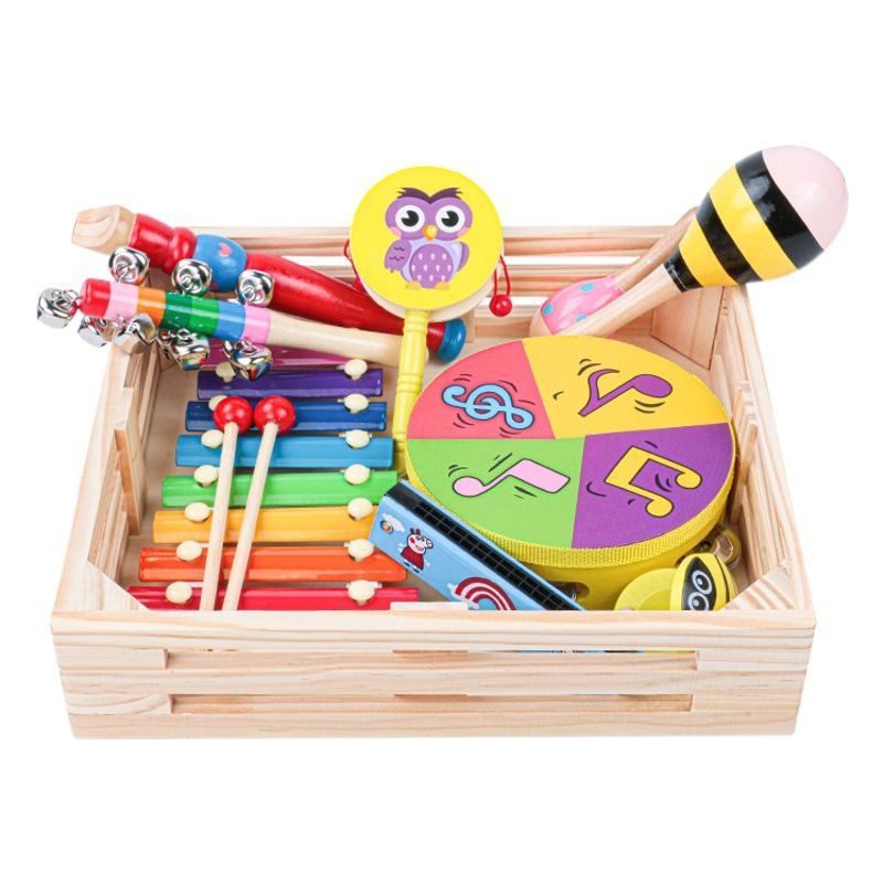 Orff de madera para niños Música conjunto de nueve piezas de simulación de jardín de infantes tambor sonajero altavoz tablero de sonido boca órgano de juguete