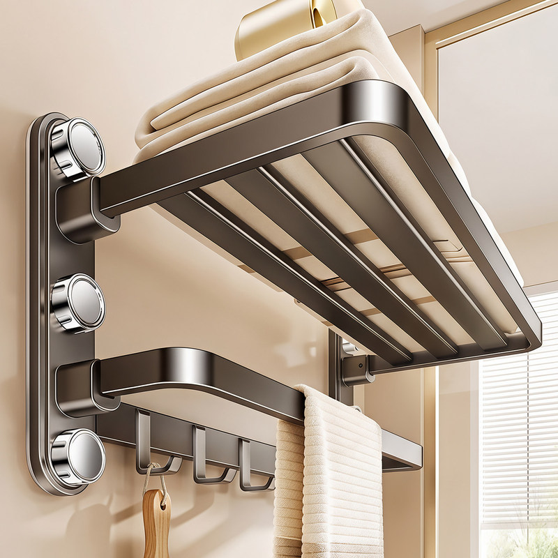 Suction Cup Adhesive No-Drill Folding Towel Rack Wall-Mounted Bathroom Storage Rack with Hooks Towel Bar Luxury Thickened Version