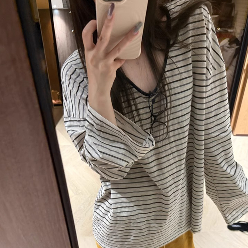 Korean Chic Contrasting Stripesd Long-Sleeved T-Shirt Women's Summer Thin Blouse Loose Lazy Style Relaxed Elegant Top