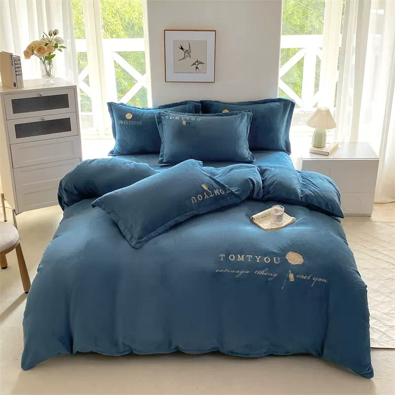 2025年爆款牛奶绒刺绣款纯色套件床单四件套床上用品厂家直销批发