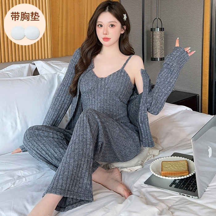 胸パッド付きパジャマ女性秋冬TRスレッドストラップカーディガン三点セット甘美お姫様風おうち着可|undefined