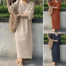 跨境欧美亚马逊wish速卖通秋季新款女装 宽松短袖v领纯色大码棉麻