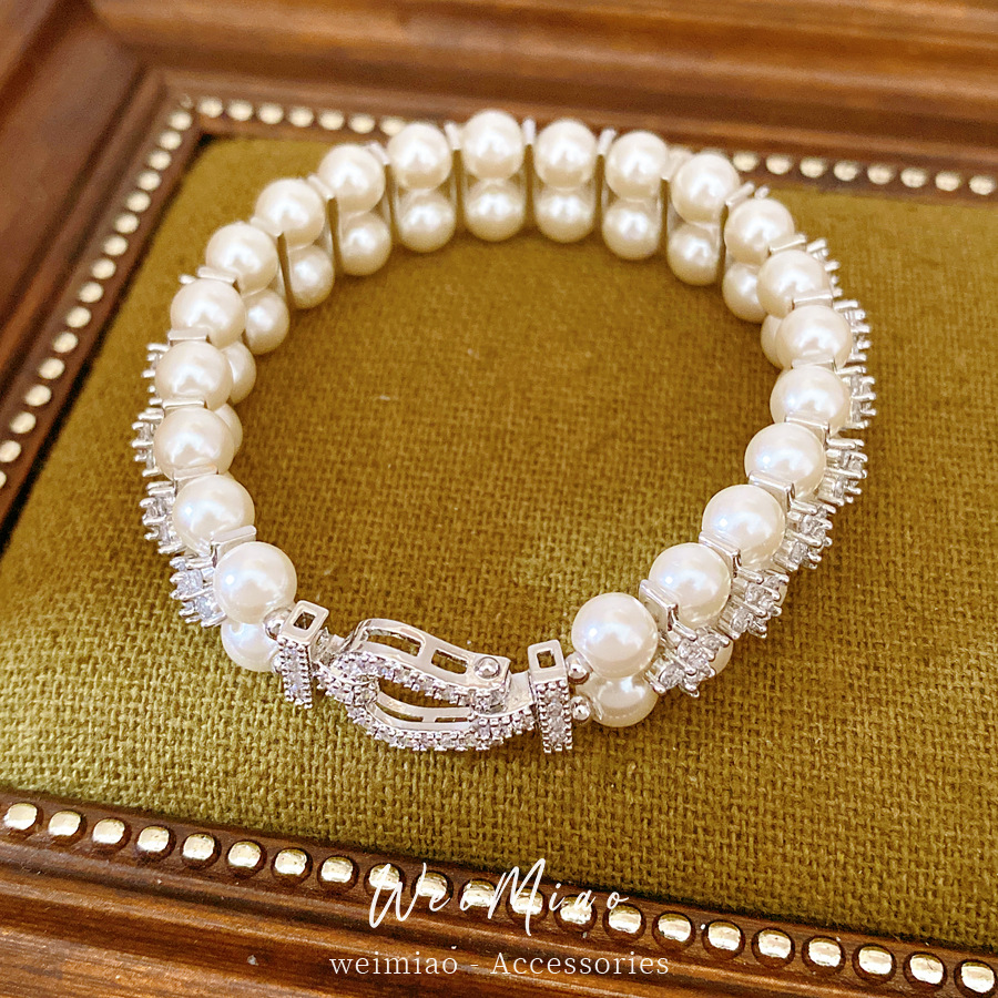 18 quilates de oro real, pulsera de perlas de diamante, pulsera ligera de lujo, pulsera de nicho, joyas de alta calidad para mujeres