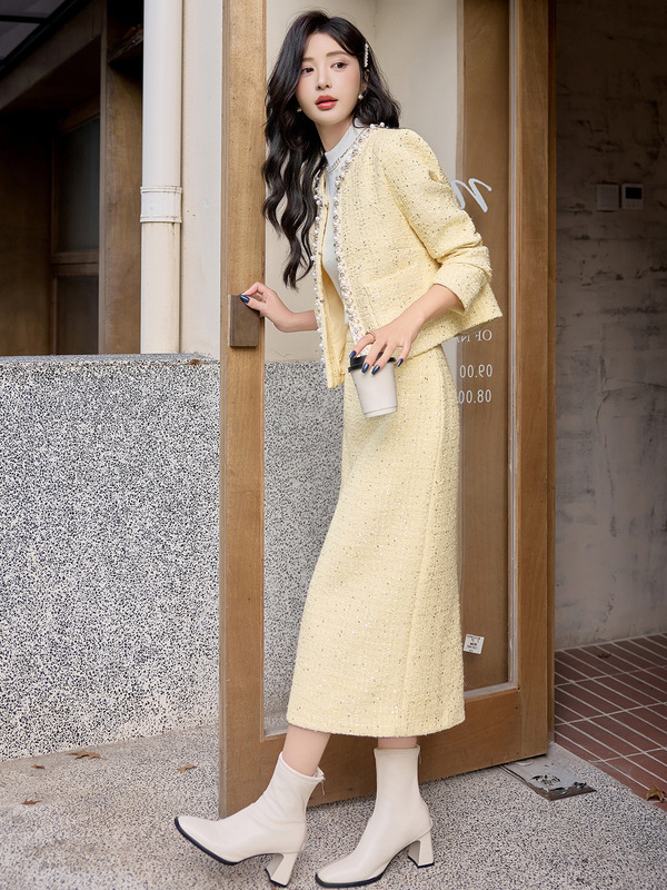 2025秋季新款女圆领钉珠小香风外套女千金名媛半裙两件套裙 ZQ09|undefined