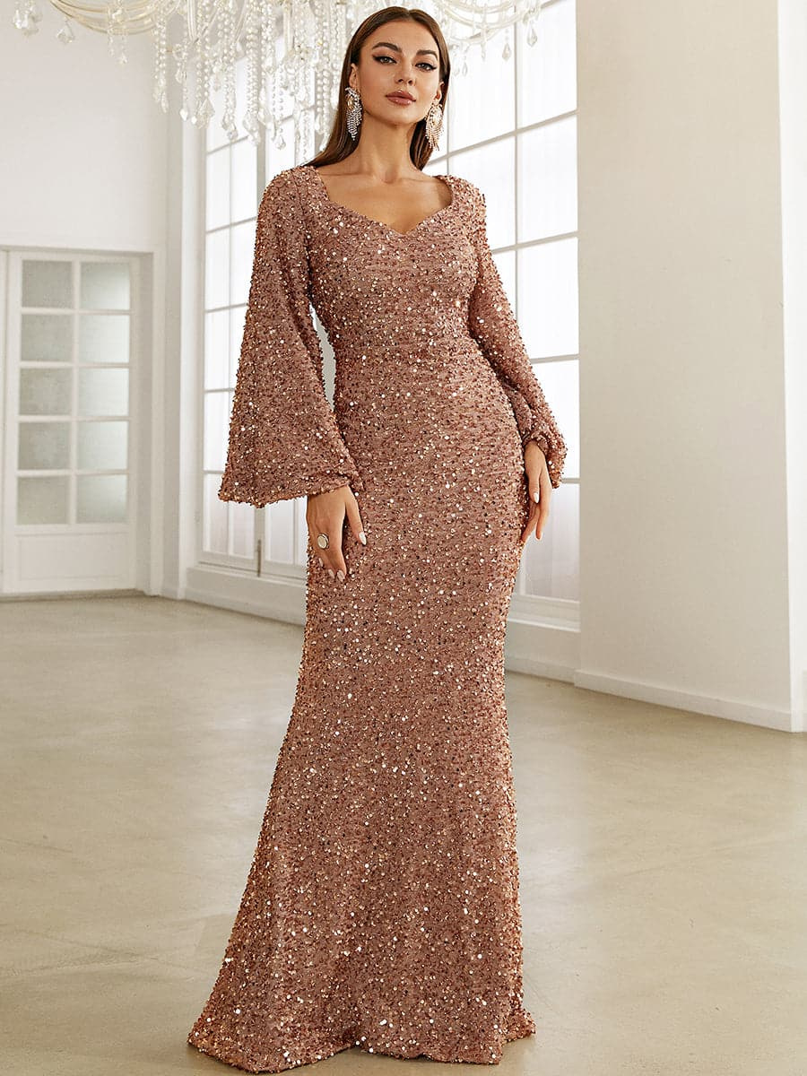 Women's Party Dress Elegant Luxurious V Neck Sequins Diamond Long Sleeve Solid Color Maxi Long Dress Banquet Evening Party Cocktail Party display picture 2