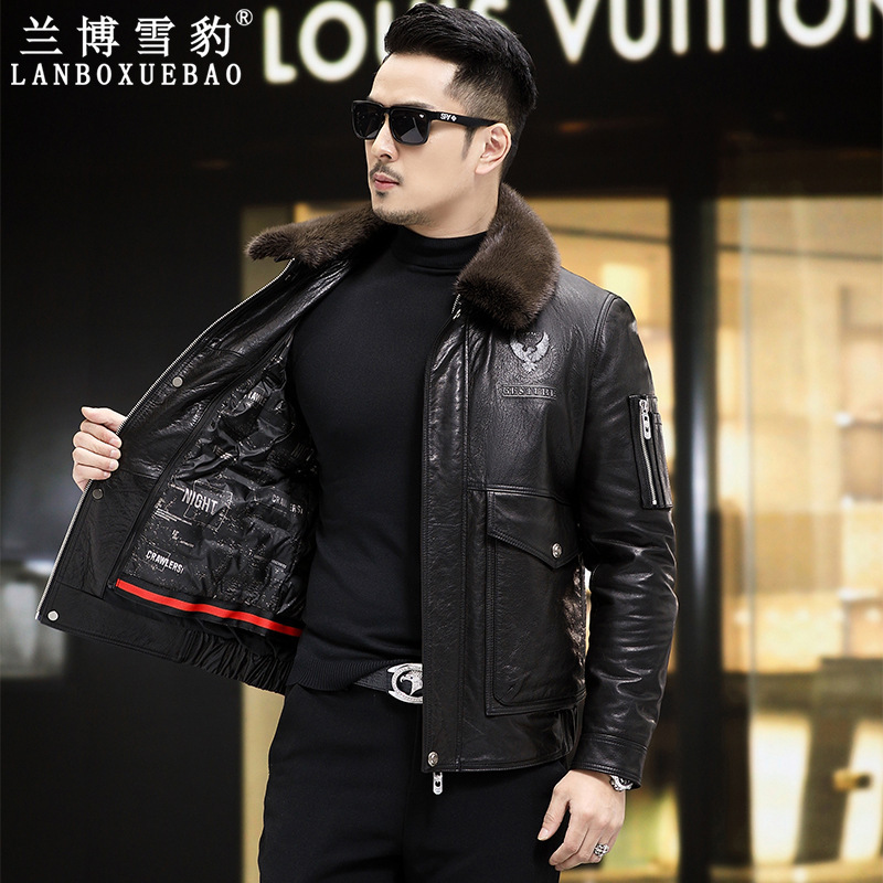 Haining New Men's First Layer Cowhide Leather Down Jacket with Inner Pad Mink Lapel Casual Leather Jacket Coat