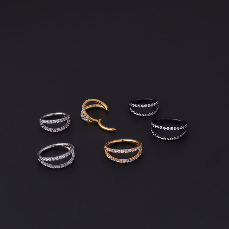 Stainless Steel Double Row Carved Zircon Seamless Closed Nose Ring Puncture Nose Studs