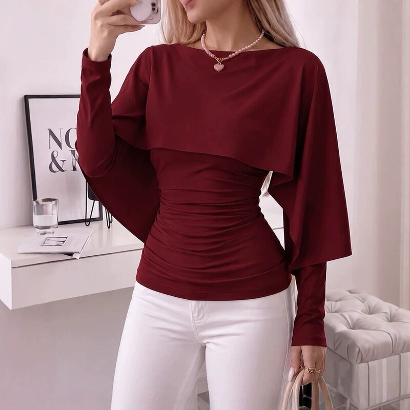 2026 Autumn New European and American Style Elegant Slim-Fit T-Shirt with Pleated Cape Sleeves and Boat Neck for Women 2026 Autumn New European and American Style Elegant Slim-Fit T-Shirt with Pleated Cape Sleeves and Boat Neck for Women