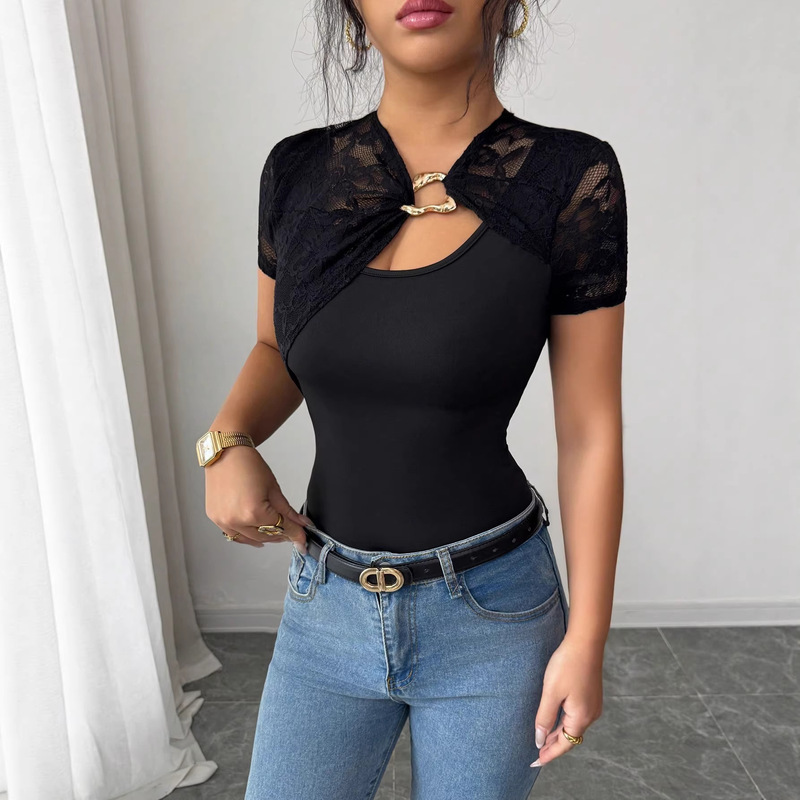European and American Style Amazon 2026 New Lace Patchwork Metal Buckle Slim Hollow Sexy Summer Short-Sleeve T-Shirt for Women European and American Style Amazon 2026 New Lace Patchwork Metal Buckle Slim Hollow Sexy Summer Short-Sleeve T-Shirt for Women