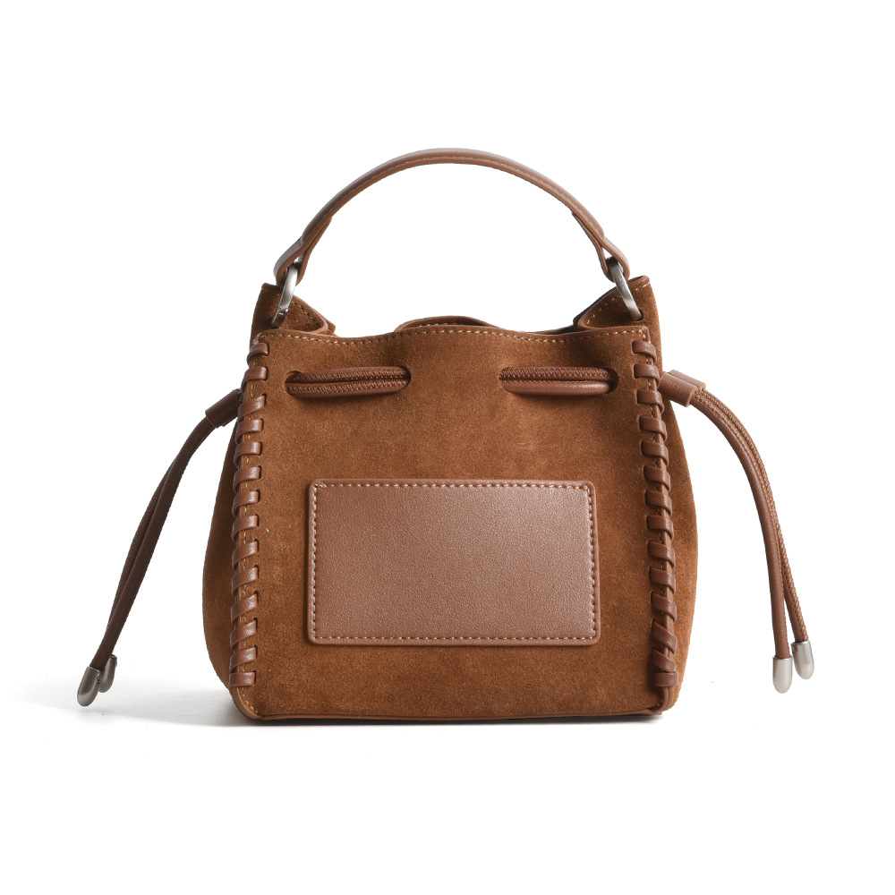 Niche Design Matte Cowhide Drawstring Bucket Bag Genuine Leather Textured Pleated Shoulder Crossbody Bag For Women - Thumbnail 6