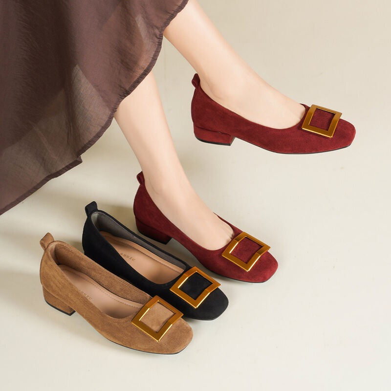 Zhr Metal Square Buckle Shallow Mouth Chunky Heel Women's Shoes 2026 Spring and Autumn New Style Comfortable Versatile Slip-On Women's Shoes
