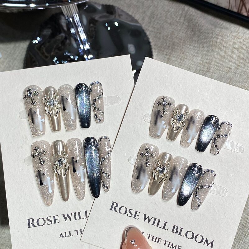 Aomian Dark Silver Spider Handmade Wearable Nails High-End Luxury Dark Style Spider Nail Stickers