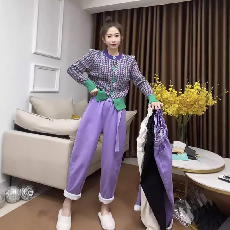 High Waist Elasticated Waist Jeans 2022 Winter New Thick Velvet Large Size All-match Loose Slimming Wide Leg Harem Pants