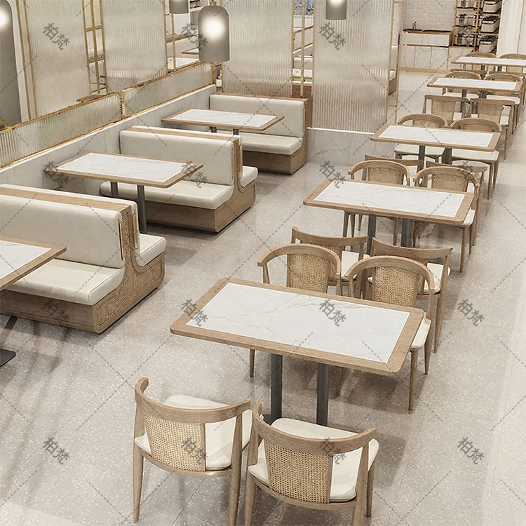Sofá de asiento de tarjeta semicircular para restaurante occidental, restaurante de hotpot personalizado, restaurante de barbacoa, restaurante de restauración, mesa y silla de madera maciza de vidana tejida